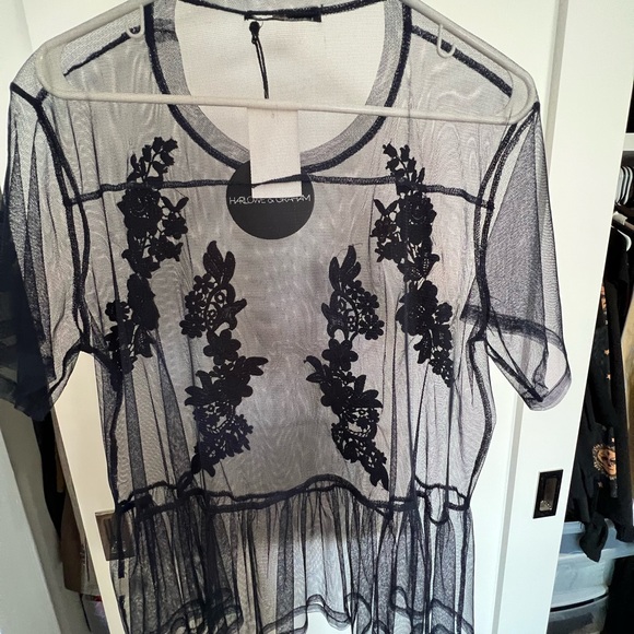 Navy mesh with black lace detailing Harlowe & Graham shirt - Picture 1 of 3